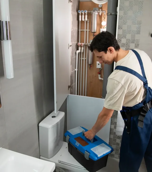 Klempner mit Werkzeugen bereitet sich auf die Arbeit vor