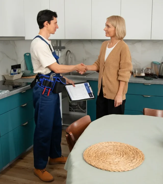 Der Klempner schüttelt dem Kunden die Hand